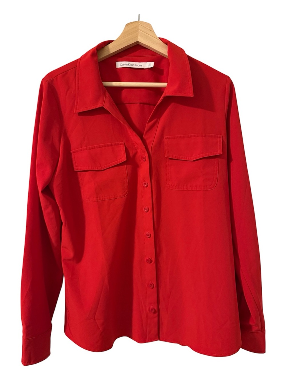 Calvin Klein Jeans Red Button Front Utility Blouse Women’s Medium Long Sleeve